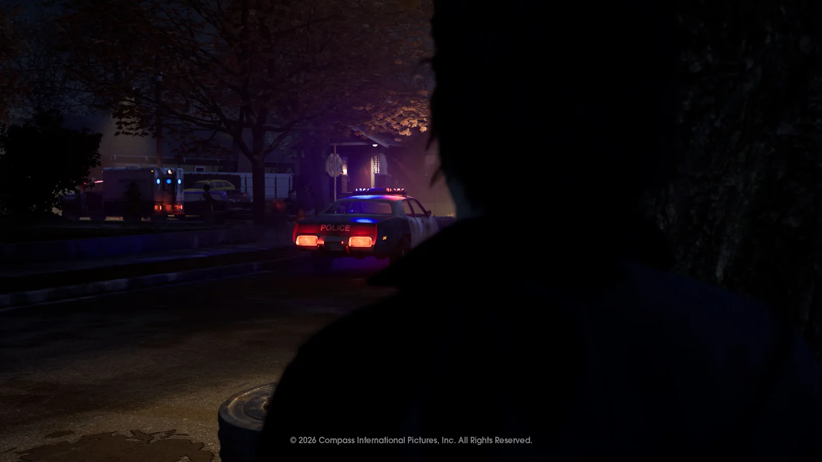 Michael Myers watching a house from the shadows