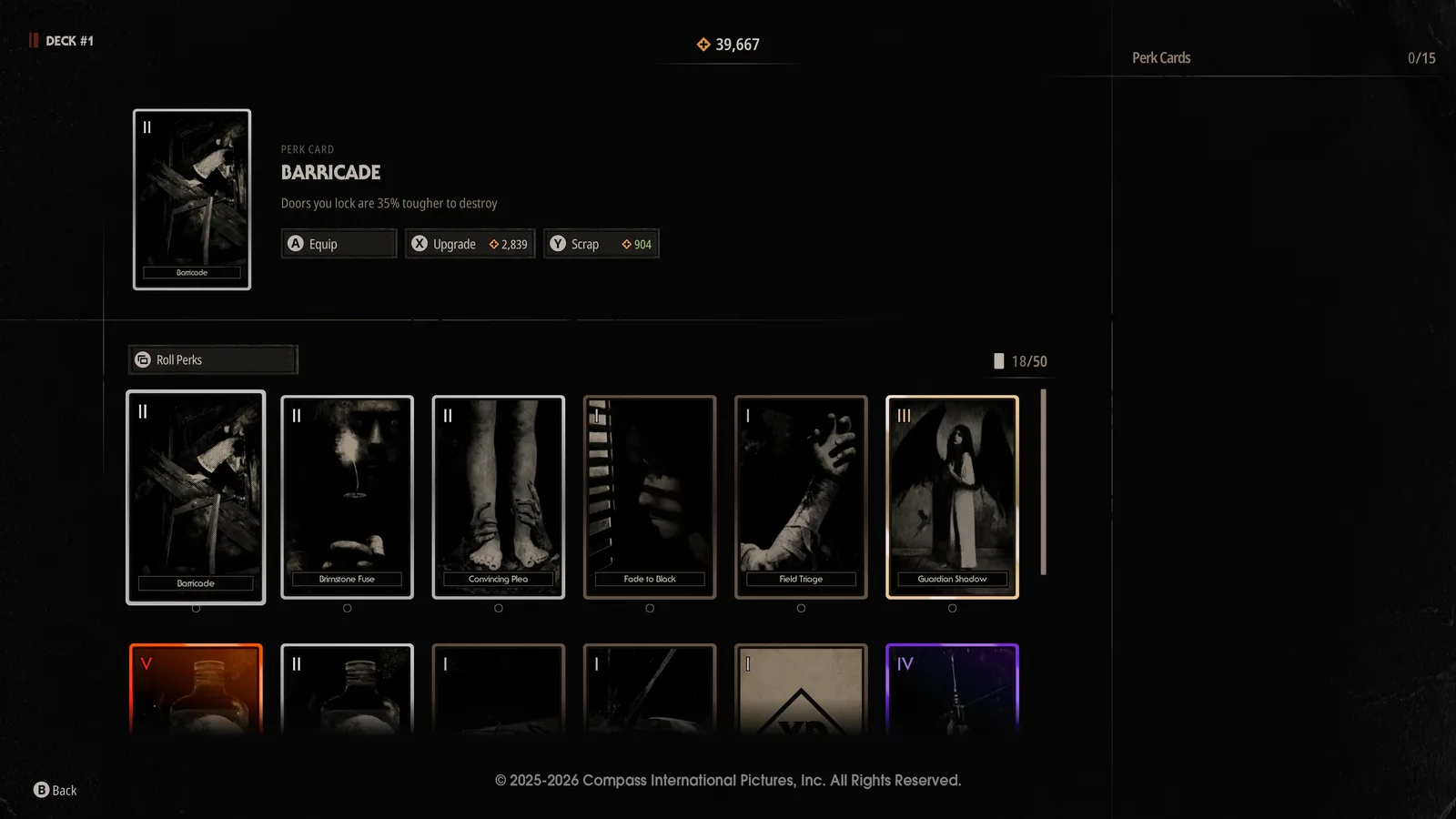 Official Perk Card preview showing Barricade and the deck counter